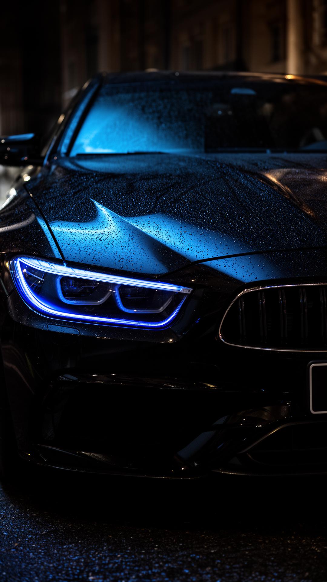 Glossy black car detailed under blue light